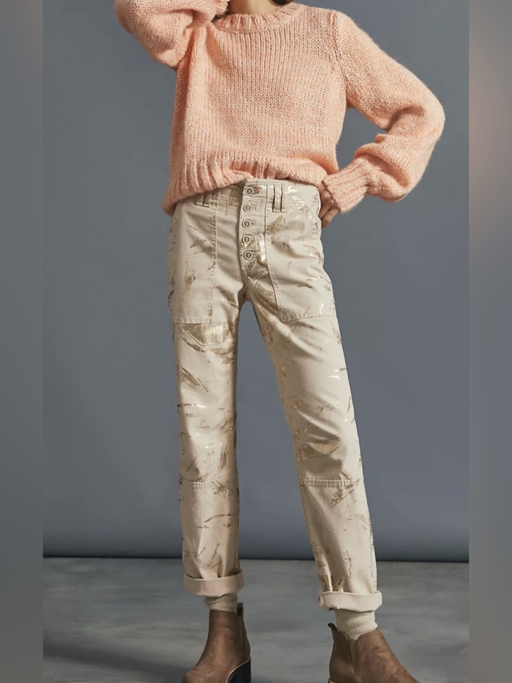 Anthropologie Wanderer Pants Gold Foil Print Utility Button Fly 26